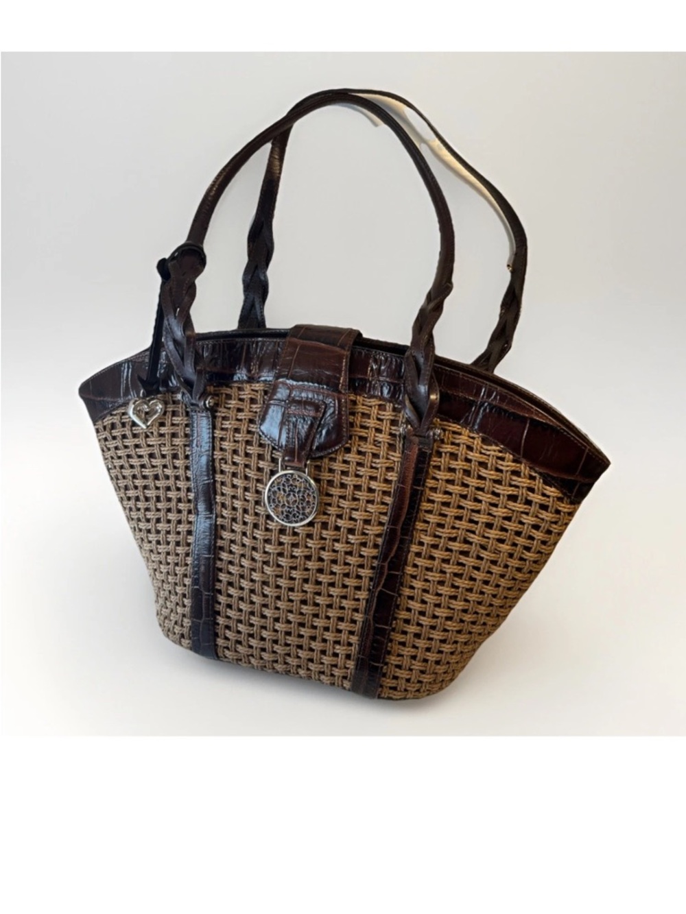 Rare Brighton Brown Kora Straw Croc Embossed Brown Leather Shoulder Bag / Tote